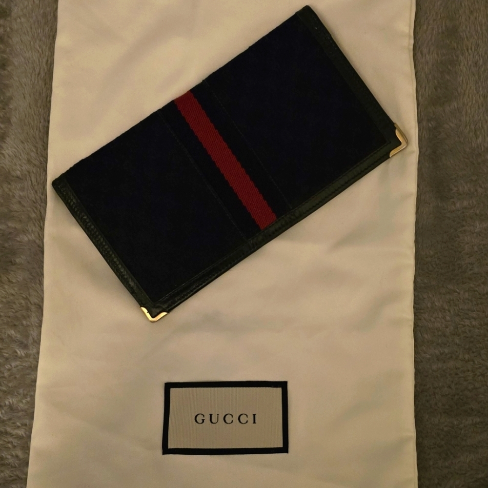GUCCI Black & Red Pre-Serial # Era! 1970's Vintage! Web bifold vertical wallet